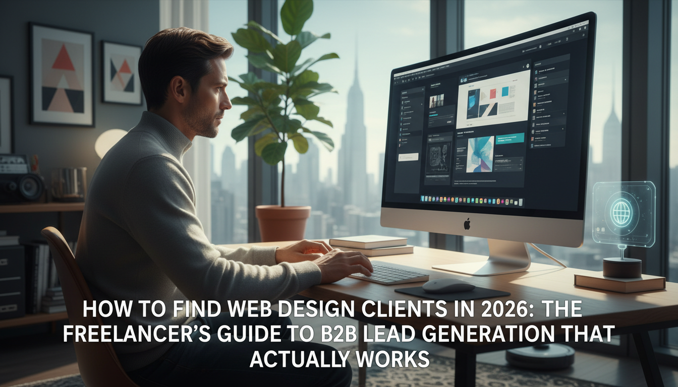 Freelance web developer using Lead Uplift lead generation tool to find B2B clients on laptop